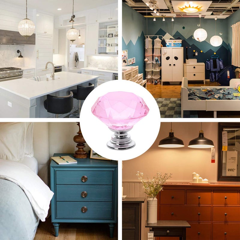 Akstore 10 Pcs Crystal Glass Cabinet Knobs 30mm Diamond Shape Drawer Kitchen Cabinets Dresser Cupboard Wardrobe Pulls Handles (Pink) - Image 4